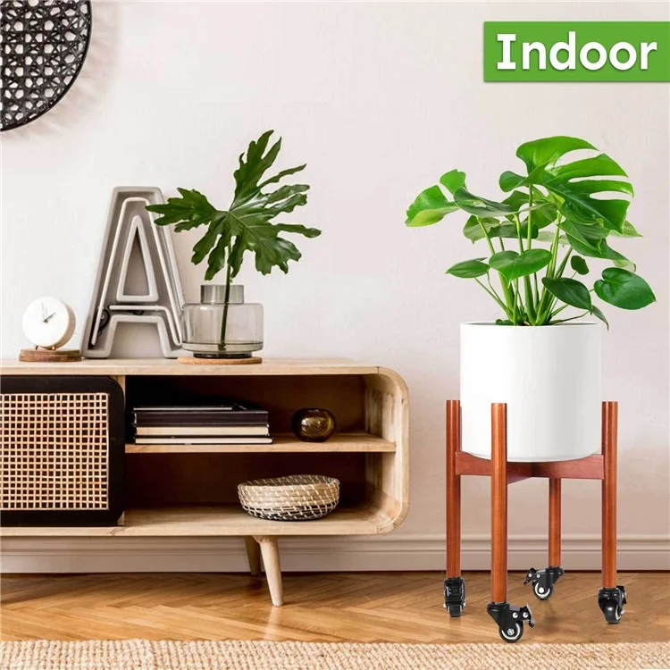 Soporte para Plantas de Madera con Ruedas, Macetero Móvil para Interior y Exterior - Marrón Rojizo