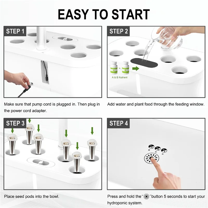 6-Hole Smart Hydroponic Planter Indoor Herb Vegetable Fruit Flower Pot with LED Grow Light - White / EU Plug