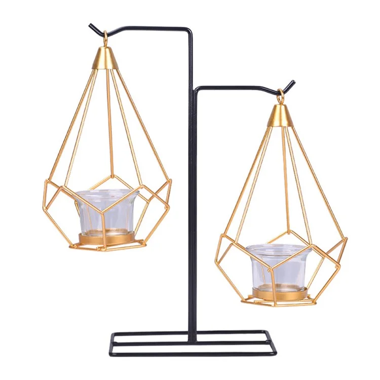 Dual-Hanger Metal Hexagon Shaped Candle Stand Wrought Iron Hollow Lantern with Glass Candle Holder European Style Creative Candle Stand for Home Decoration