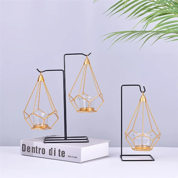 Dual-Hanger Metal Hexagon Shaped Candle Stand Wrought Iron Hollow Lantern with Glass Candle Holder European Style Creative Candle Stand for Home Decoration
