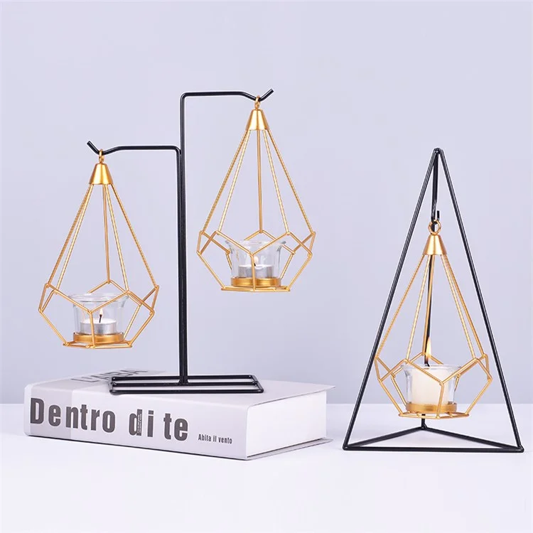 Dual-Hanger Metal Hexagon Shaped Candle Stand Wrought Iron Hollow Lantern with Glass Candle Holder European Style Creative Candle Stand for Home Decoration