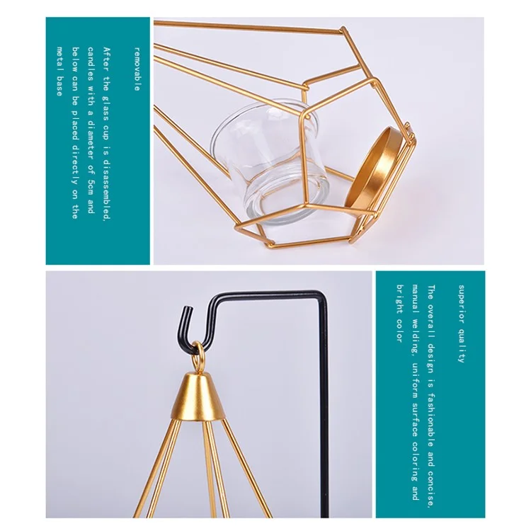 Dual-Hanger Metal Hexagon Shaped Candle Stand Wrought Iron Hollow Lantern with Glass Candle Holder European Style Creative Candle Stand for Home Decoration
