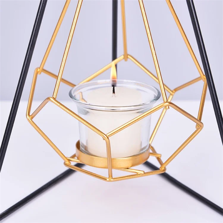 Dual-Hanger Metal Hexagon Shaped Candle Stand Wrought Iron Hollow Lantern with Glass Candle Holder European Style Creative Candle Stand for Home Decoration