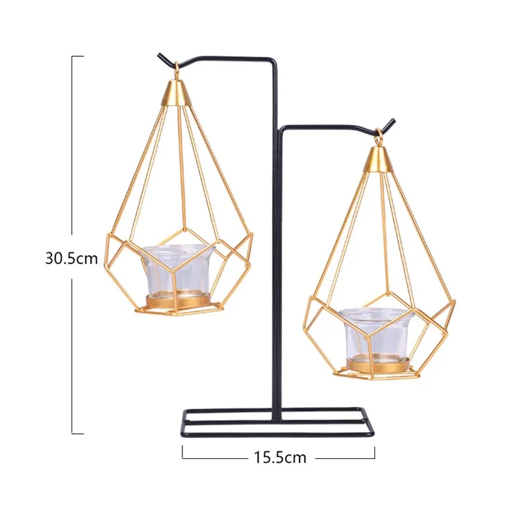 Dual-Hanger Metal Hexagon Shaped Candle Stand Wrought Iron Hollow Lantern with Glass Candle Holder European Style Creative Candle Stand for Home Decoration