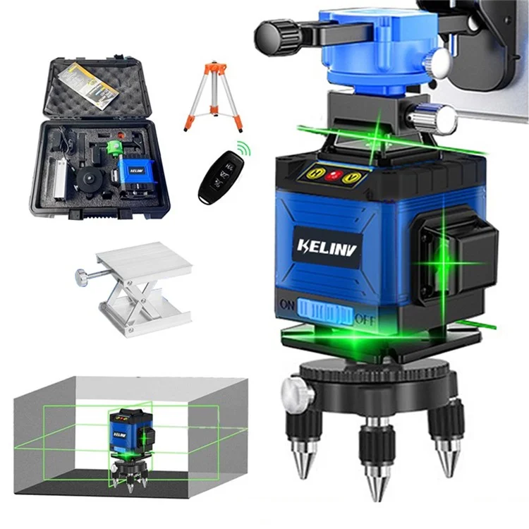 KELINV 360-Grad-Rotationslaserniveau selbstnivellierendes Laserniveau-Messgerät 3D Grün 12-Linien-Horizontal- und Vertikalkreuzlinienwerkzeug-Set für Zuhause, Schule, Fabrik - EU-Stecker