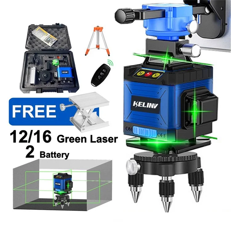 KELINV 360-Grad-Rotationslaserniveau selbstnivellierendes Laserniveau-Messgerät 3D Grün 12-Linien-Horizontal- und Vertikalkreuzlinienwerkzeug-Set für Zuhause, Schule, Fabrik - EU-Stecker