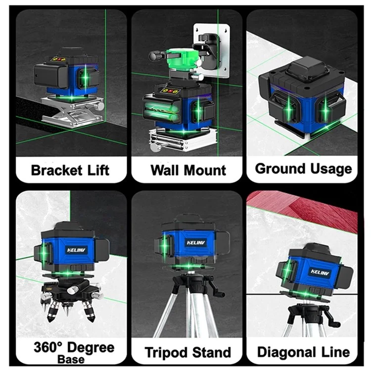 KELINV 360-Grad-Rotationslaserniveau selbstnivellierendes Laserniveau-Messgerät 3D Grün 12-Linien-Horizontal- und Vertikalkreuzlinienwerkzeug-Set für Zuhause, Schule, Fabrik - EU-Stecker