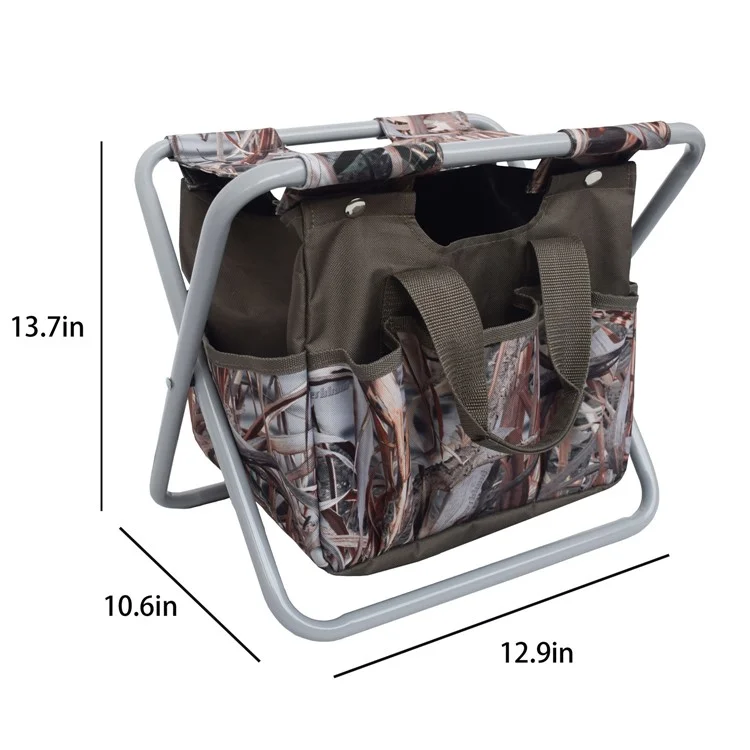 Sgabello da Giardinaggio Pieghevole per Esterni con Borsa Porta Attrezzi in Tessuto Oxford Rimovibile, 12,9x10,6x13,7 Pollici - Mimetico