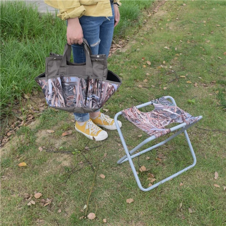 Sgabello da Giardinaggio Pieghevole per Esterni con Borsa Porta Attrezzi in Tessuto Oxford Rimovibile, 12,9x10,6x13,7 Pollici - Mimetico