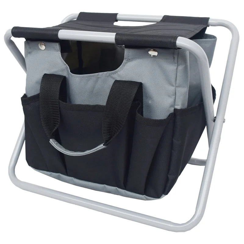 Outdoor Gardening Folding Stool with Detachable Oxford Cloth Tool Bag, 12.9x10.6x13.7 Inch - Black  /  Grey
