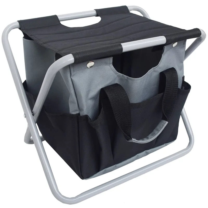 Outdoor Gardening Folding Stool with Detachable Oxford Cloth Tool Bag, 12.9x10.6x13.7 Inch - Black  /  Grey