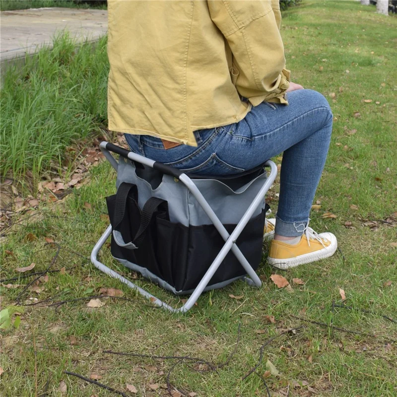 Outdoor Gardening Folding Stool with Detachable Oxford Cloth Tool Bag, 12.9x10.6x13.7 Inch - Black  /  Grey