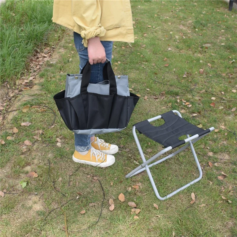 Outdoor Gardening Folding Stool with Detachable Oxford Cloth Tool Bag, 12.9x10.6x13.7 Inch - Black  /  Grey