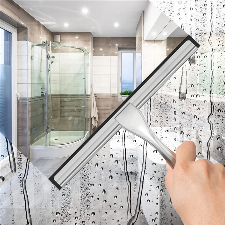 12-inch Stainless Steel Bathroom Glass Scraper Multifunctional Silicone Blade Squeegee - Silver
