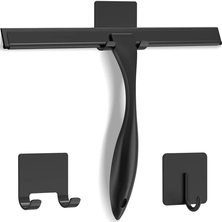 12-inch Stainless Steel Bathroom Glass Water Scraper Silicone Blade Squeegee with 3 Hooks - Black