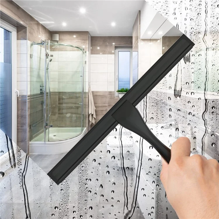 12-inch Stainless Steel Bathroom Glass Water Scraper Silicone Blade Squeegee with 3 Hooks - Black