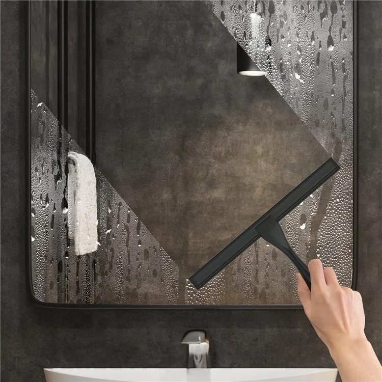 12-inch Stainless Steel Bathroom Glass Water Scraper Silicone Blade Squeegee with 3 Hooks - Black