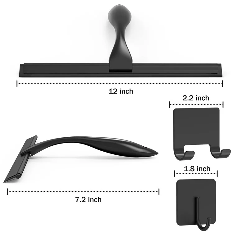 12-inch Stainless Steel Bathroom Glass Water Scraper Silicone Blade Squeegee with 3 Hooks - Black