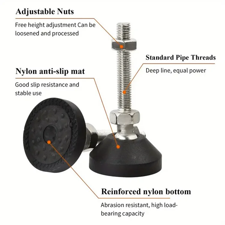Set da 8 pezzi M8 Piedini regolabili per mobili in acciaio al carbonio e nylon con pattini antiscivolo
