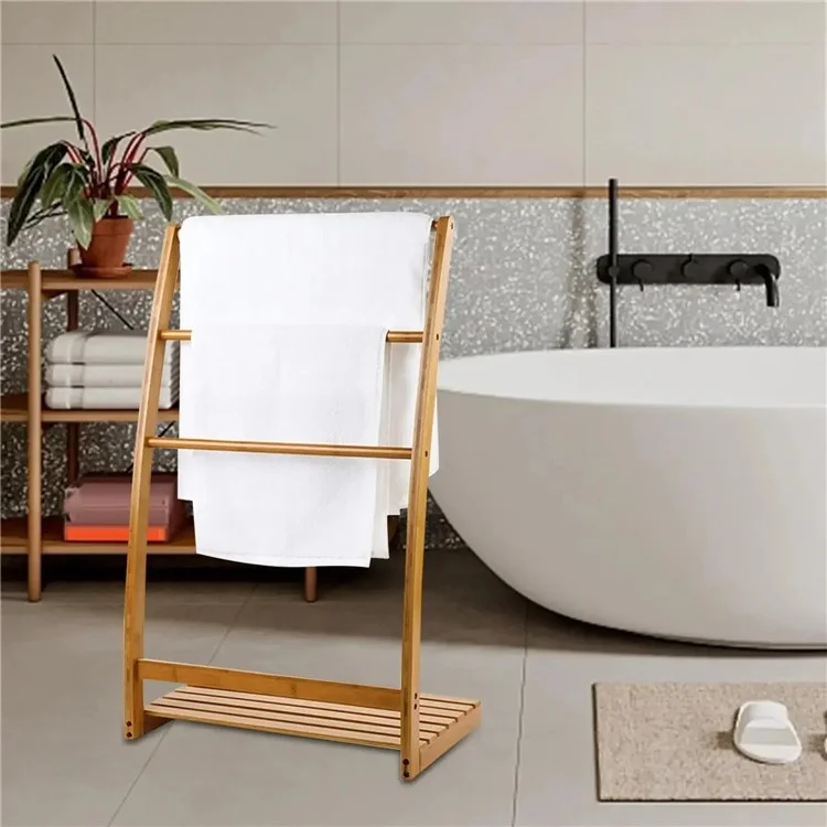 Freestanding Bamboo Towel Drying Rack 3-bar Storage Shelf for Hotel / Bathroom
