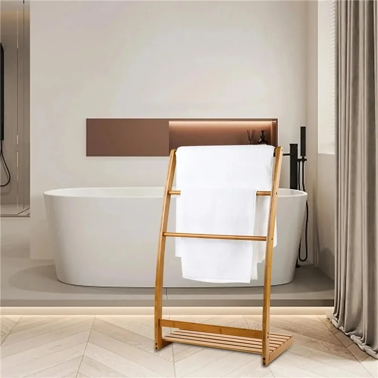 Freestanding Bamboo Towel Drying Rack 3-bar Storage Shelf for Hotel / Bathroom