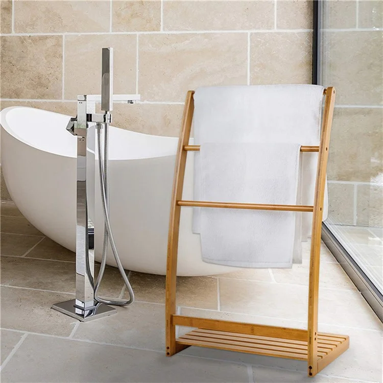 Freestanding Bamboo Towel Drying Rack 3-bar Storage Shelf for Hotel / Bathroom