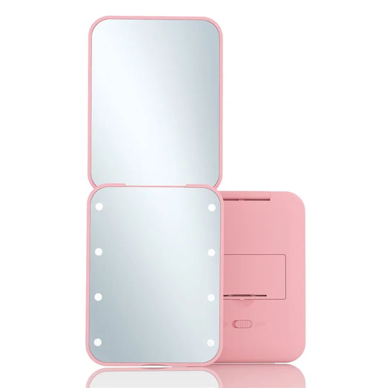 MR-L2307 Portable Double-sided Makeup Mirror with LED Light Folding 2X Magnifying Mirror - Pink