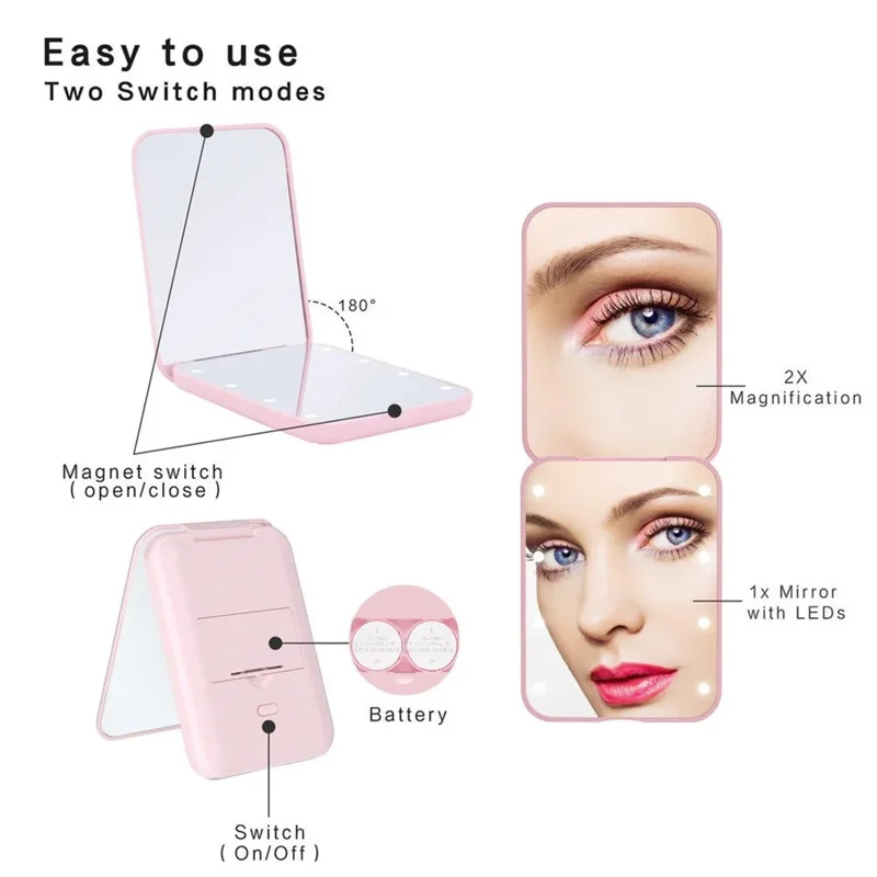 MR-L2307 Portable Double-sided Makeup Mirror with LED Light Folding 2X Magnifying Mirror - Pink