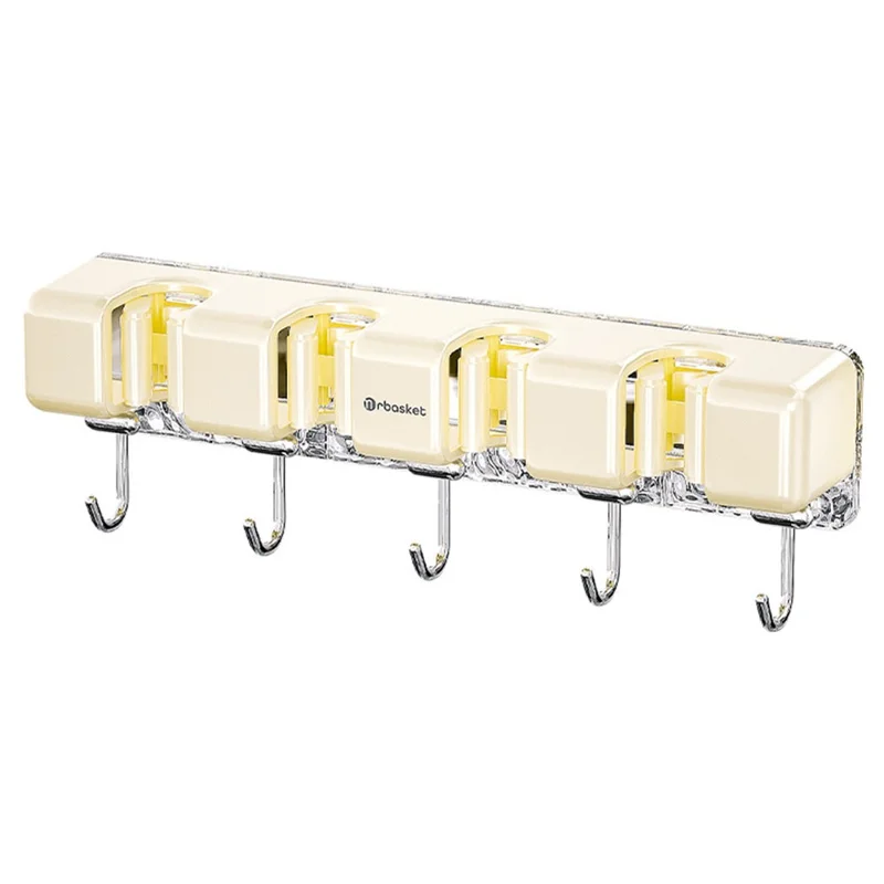 MRBASKET Punch Free Plastic Wall Mounted Mop Holder 4 Slots Broom Organizer with 5 Hooks - Cream Yellow+Silver