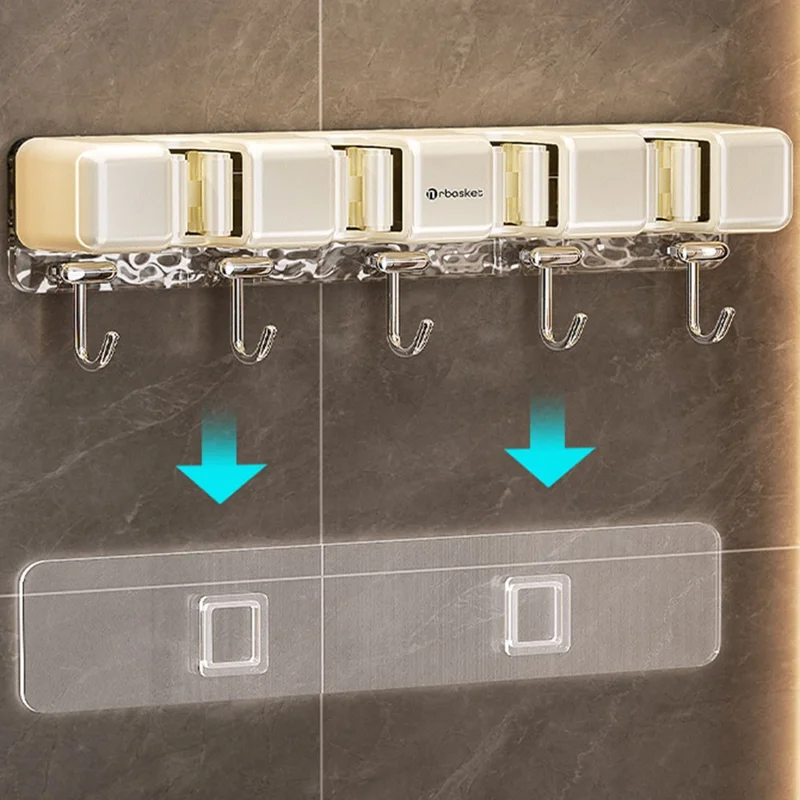 MRBASKET Punch Free Plastic Wall Mounted Mop Holder 4 Slots Broom Organizer with 5 Hooks - Cream Yellow+Silver