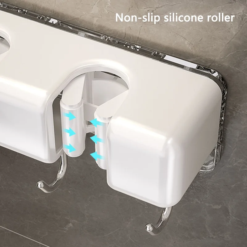 MRBASKET Punch Free Plastic Wall Mounted Mop Holder 4 Slots Broom Organizer with 5 Hooks - Cream Yellow+Silver