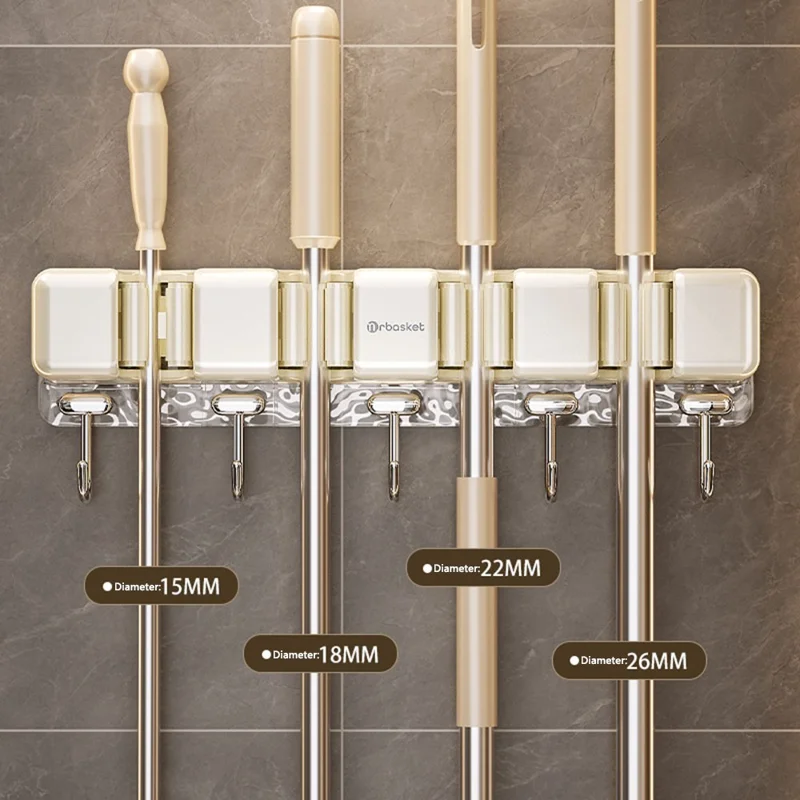 MRBASKET Punch Free Plastic Wall Mounted Mop Holder 4 Slots Broom Organizer with 5 Hooks - Cream Yellow+Silver