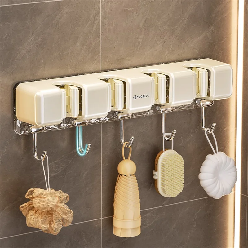 MRBASKET Punch Free Plastic Wall Mounted Mop Holder 4 Slots Broom Organizer with 5 Hooks - Cream Yellow+Silver