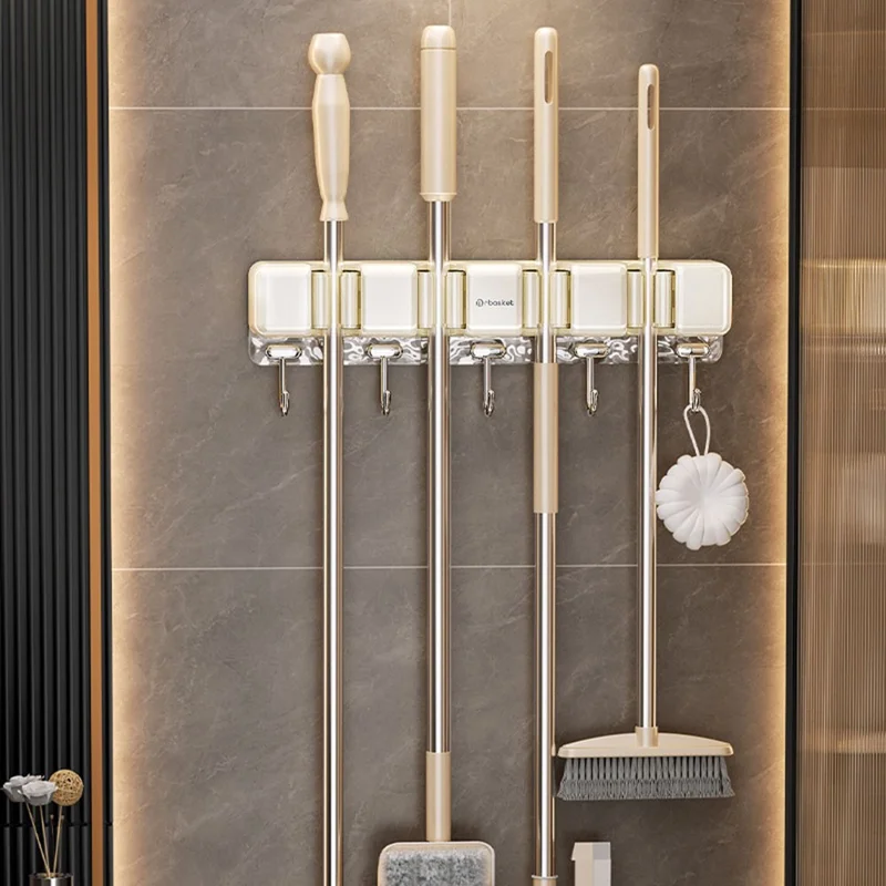 MRBASKET Punch Free Plastic Wall Mounted Mop Holder 4 Slots Broom Organizer with 5 Hooks - Cream Yellow+Silver