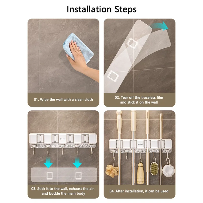 MRBASKET Punch Free Plastic Wall Mounted Mop Holder 4 Slots Broom Organizer with 5 Hooks - Cream Yellow+Silver