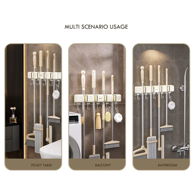MRBASKET Punch Free Plastic Wall Mounted Mop Holder 4 Slots Broom Organizer with 5 Hooks - Cream Yellow+Silver