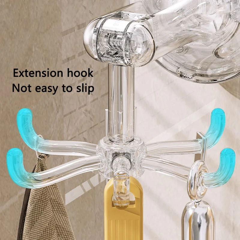 Multi-functionele zuignap wandbeugel roterende houder met 6 haken - transparant grijs