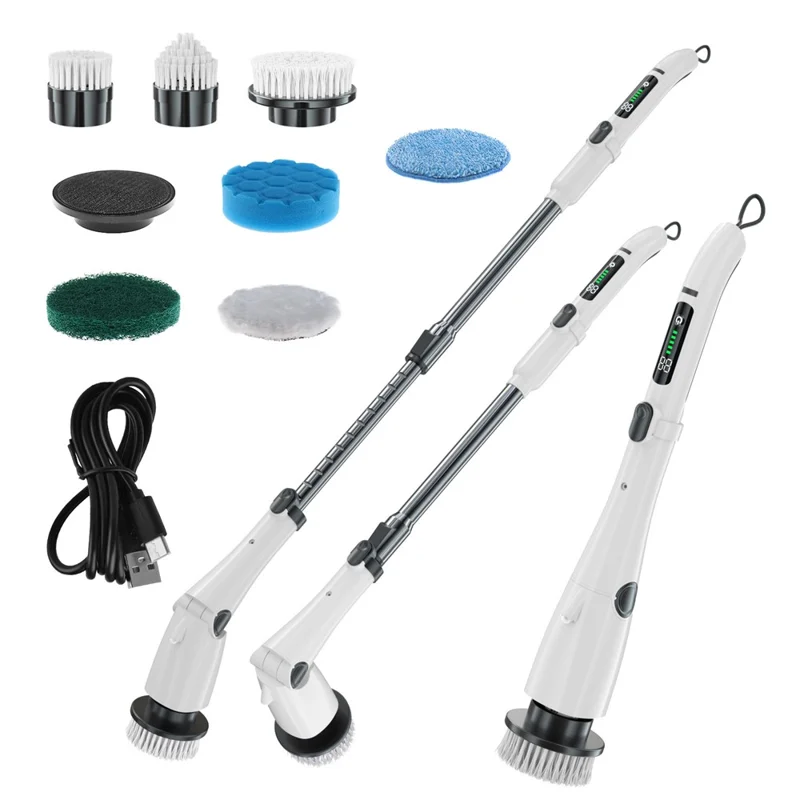 Long Handle Cleaning Brush Electric Spin Scrubber with 4 Adjustable Angles and 7 Brush Heads - White