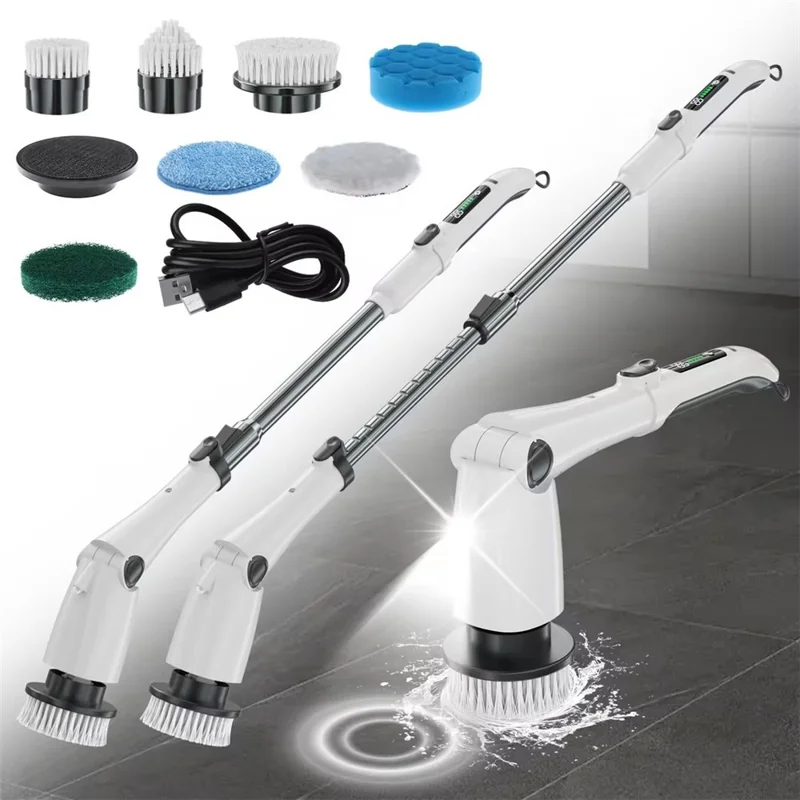 Long Handle Cleaning Brush Electric Spin Scrubber with 4 Adjustable Angles and 7 Brush Heads - White