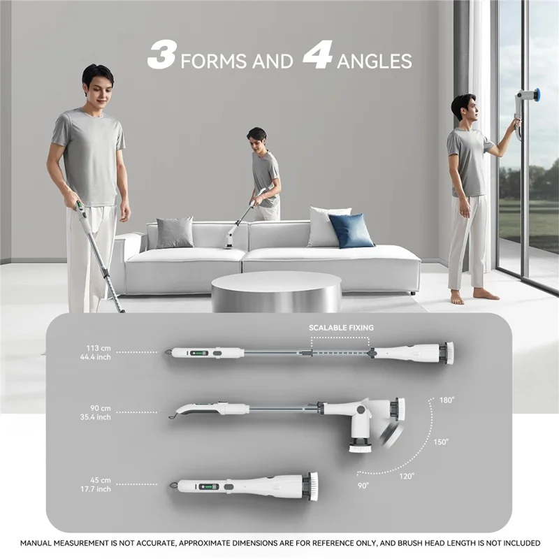 Long Handle Cleaning Brush Electric Spin Scrubber with 4 Adjustable Angles and 7 Brush Heads - White