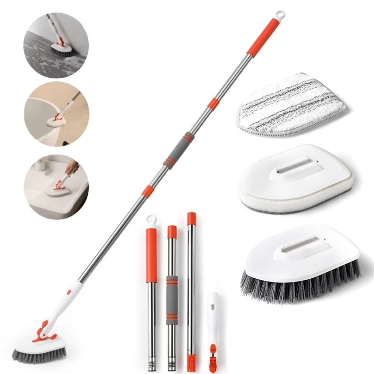 3-in-1 Tile Tub Floor Scrubber 52-inch Adjustable Long Handle Cleaner Brush with 3 Detachable Brush Heads