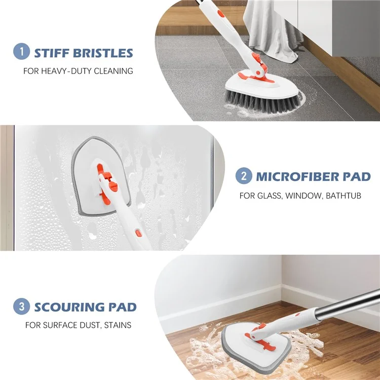 3-in-1 Tile Tub Floor Scrubber 52-inch Adjustable Long Handle Cleaner Brush with 3 Detachable Brush Heads