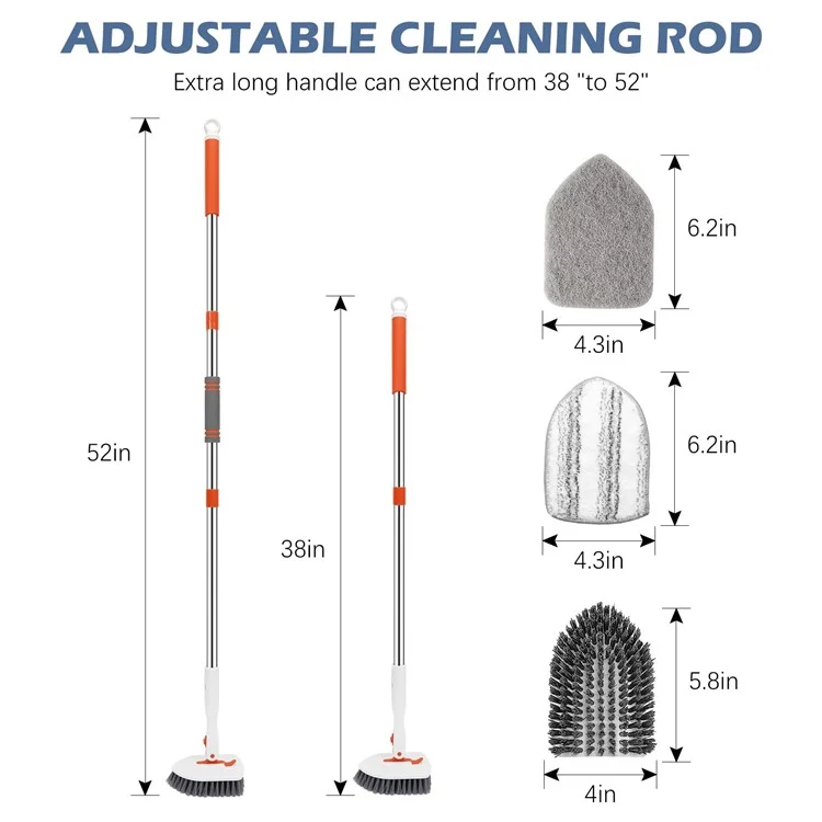 3-in-1 Tile Tub Floor Scrubber 52-inch Adjustable Long Handle Cleaner Brush with 3 Detachable Brush Heads