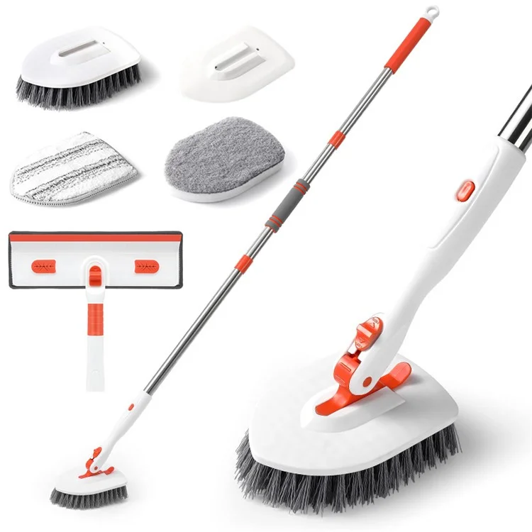 4-in-1 55-Zoll Verstellbarer Langhalsreiniger Bürste Fliesen Badewanne Bodenschrubber mit 4 abnehmbaren Bürstenköpfen
