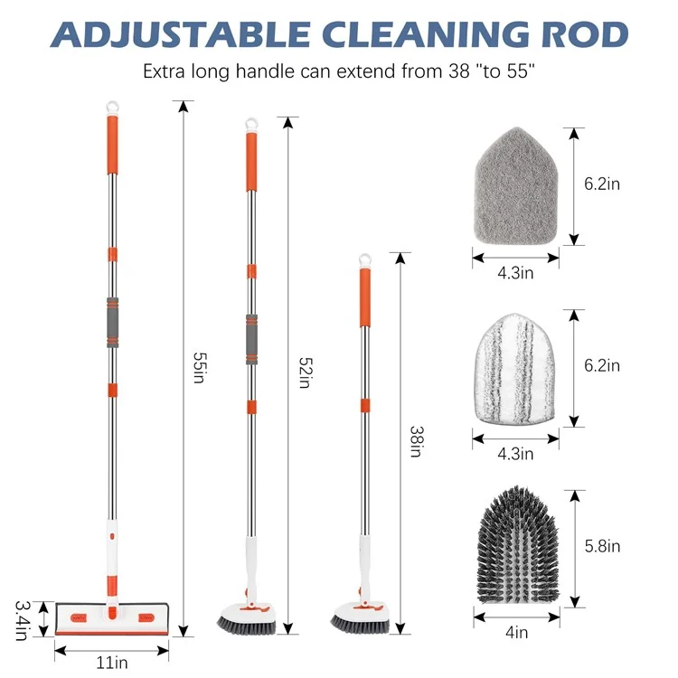 4-in-1 55-Zoll Verstellbarer Langhalsreiniger Bürste Fliesen Badewanne Bodenschrubber mit 4 abnehmbaren Bürstenköpfen
