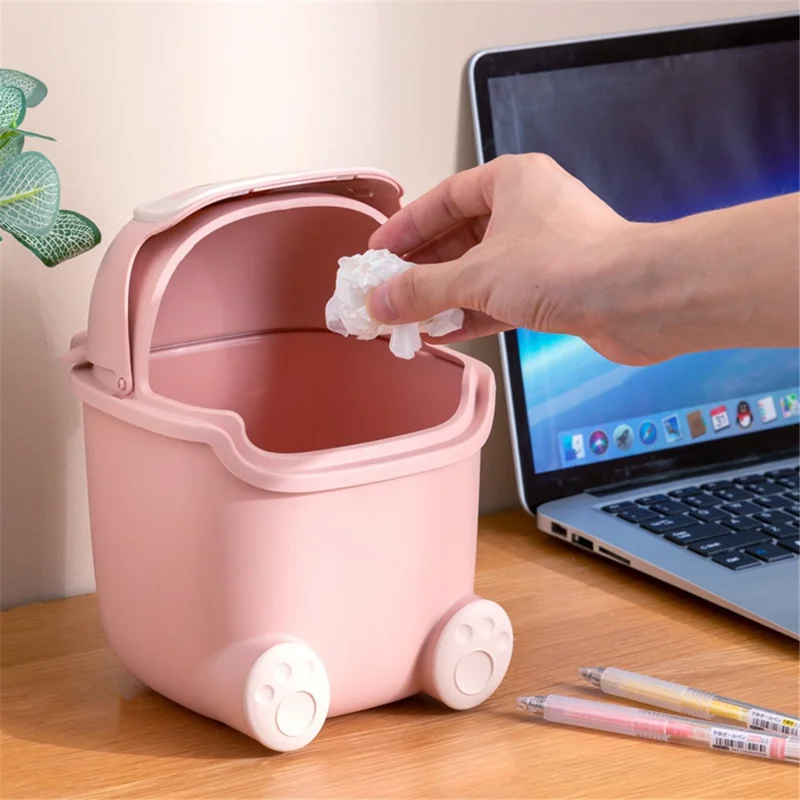 Cartoon Creative Flip Lid Desktop Trash Can Mini Home Office Garbage Bin - Dark Blue Monster