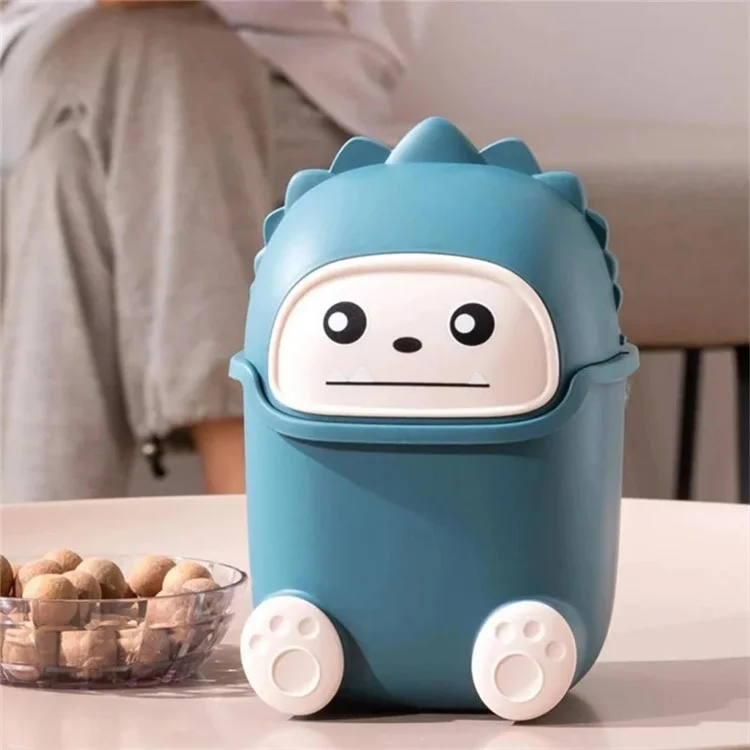 Cartoon Creative Flip Lid Desktop Trash Can Mini Home Office Garbage Bin - Dark Blue Monster