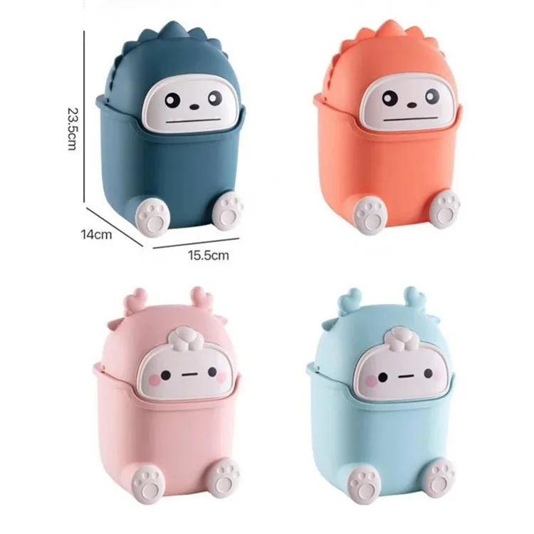 Cartoon Creative Flip Lid Desktop Trash Can Mini Home Office Garbage Bin - Dark Blue Monster
