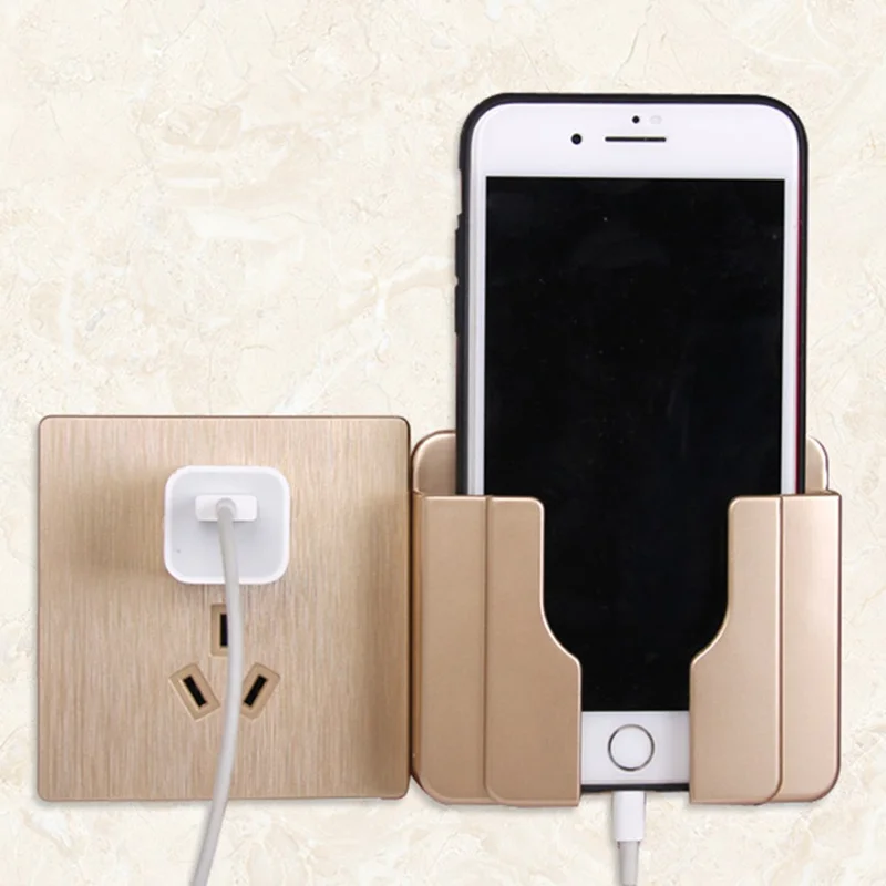 Adhesive Wall Mount Phone Holder Stand TV Remote Storage Holder with Hole - Gold