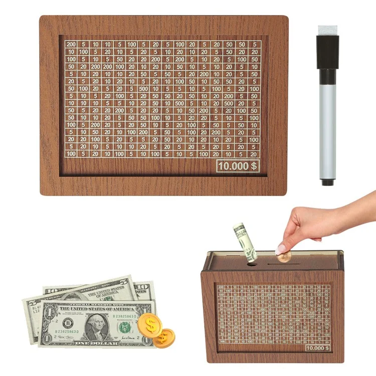 Retro Wooden Piggy Bank Creative US Dollar Money Box with Acrylic Board and Erasable Pen - 10000 Dollar